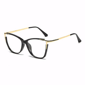 Armação de óculos feminino olho de gato em TR90 leve e resistente. Hastes metálicas douradas, lentes TAC com UV400 e anti-reflexo. Elegância e conforto para qualquer ocasião.