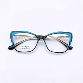 Armação de óculos de grau feminino em TR90 leve e resistente, com design moderno e detalhes coloridos. Ajuste confortável, hastes sofisticadas e suporte para lentes de até 10 graus.