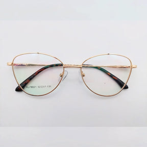 Armação de óculos feminino olho de gato em metal dourado e azul. Design sofisticado, narigueiras ajustáveis e hastes anatômicas. Leve, resistente e ideal para lentes de até 6 graus.