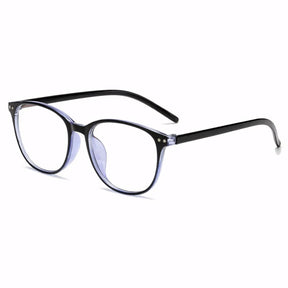 Óculos anti luz azul feminino com armação em acetato leve e resistente. Design clássico arredondado, grau adaptável e proteção para os olhos contra telas. Disponível em preto, rosa e roxo.