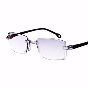 Óculos inteligente unissex sem aro, com autofoco, proteção luz azul e polarização UV400. Leve, moderno e confortável, oferece ajuste automático de nitidez e proteção para os olhos.