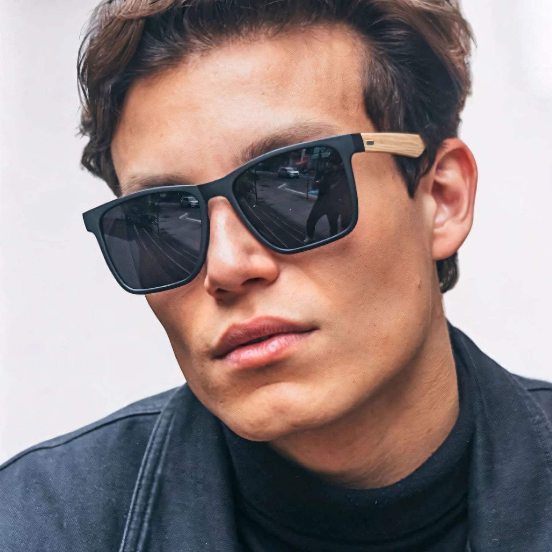 Óculos de Sol Masculino com lentes espelhadas e proteção UV400. Armação em acetato italiano e hastes amadeiradas. Design moderno, sofisticado e confortável para qualquer ocasião.